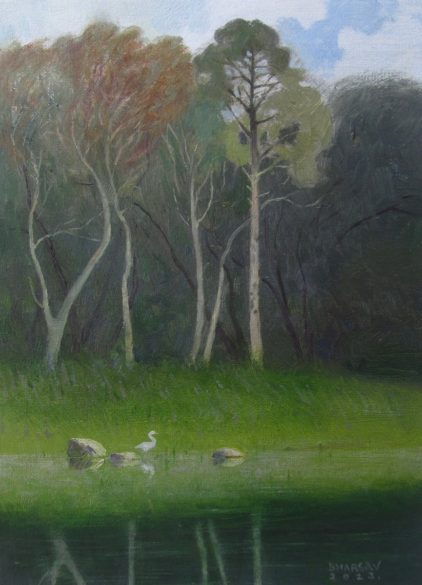 Impressionistic Landscape Oil Painting By Bhargavkumar Kulkarni, 9 X 12, Symphony In Green And White, Original Artwork