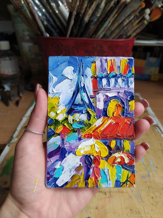 With love from France - small painting, cityscape, postcard, Eiffel Tower, city, gift idea, gift, oil painting, France, Eiffel Tower oil painting