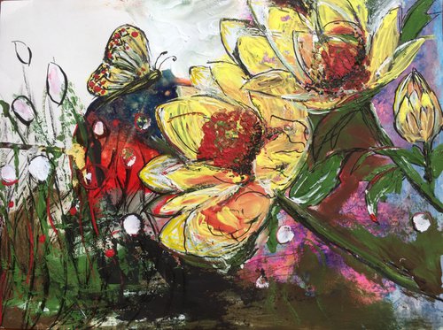 Butterfly Large Yellow Flowers - Flower Painting - Beautiful Art - Abstracts - Fine Art - UK Art - Affordable Art - Beautiful Paintings - Original Art - Acrylic Painting - Sea - Sails by Kumi Muttu
