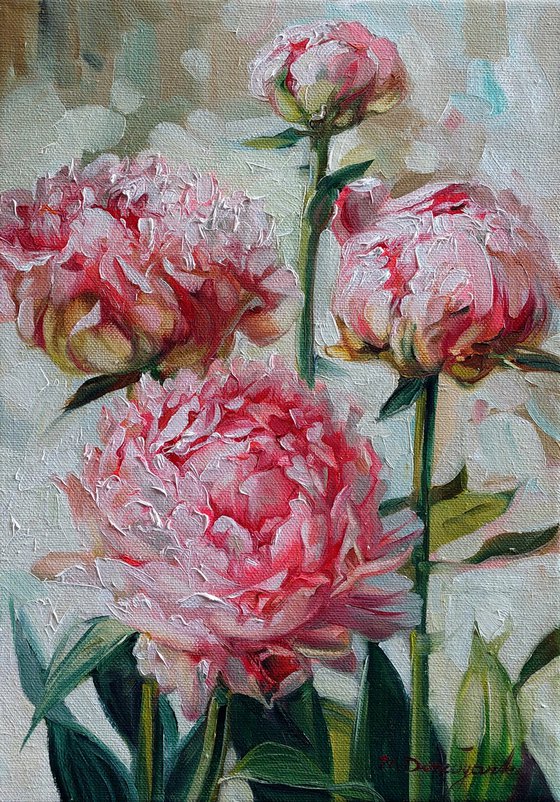 Peony oil painting original canvas art, Floral painting gift for wife, Pink flowers artwork for walls original