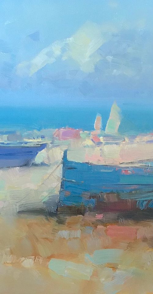 Boats on the Shore, Original oil painting, Handmade artwork by Vahe Yeremyan