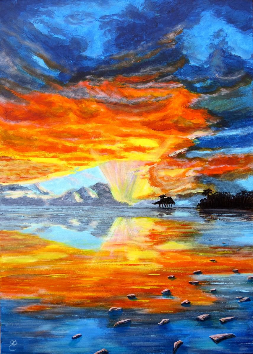 Impressionistic Landscape Acrylic Painting By Dmytro Yeromenko, 20 X 28, Sunset Over The Bay, 50*70, Original Artwork