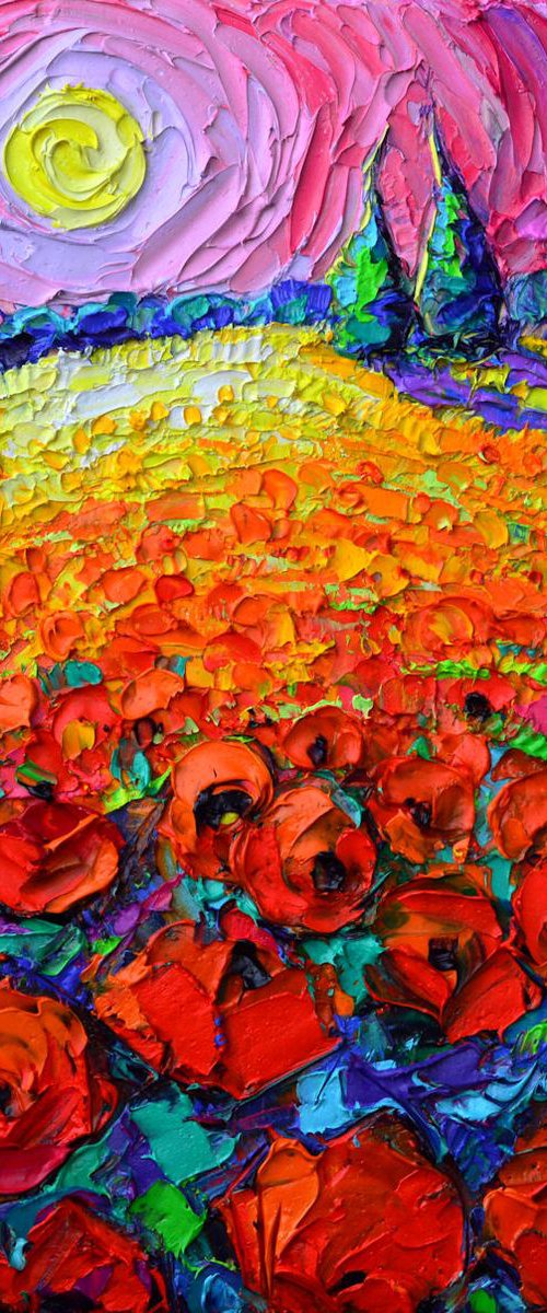 TUSCANY POPPIES ROUNDSCAPE SUNRISE textural impressionist impasto palette knife oil painting by Ana Maria Edulescu by ANA MARIA EDULESCU