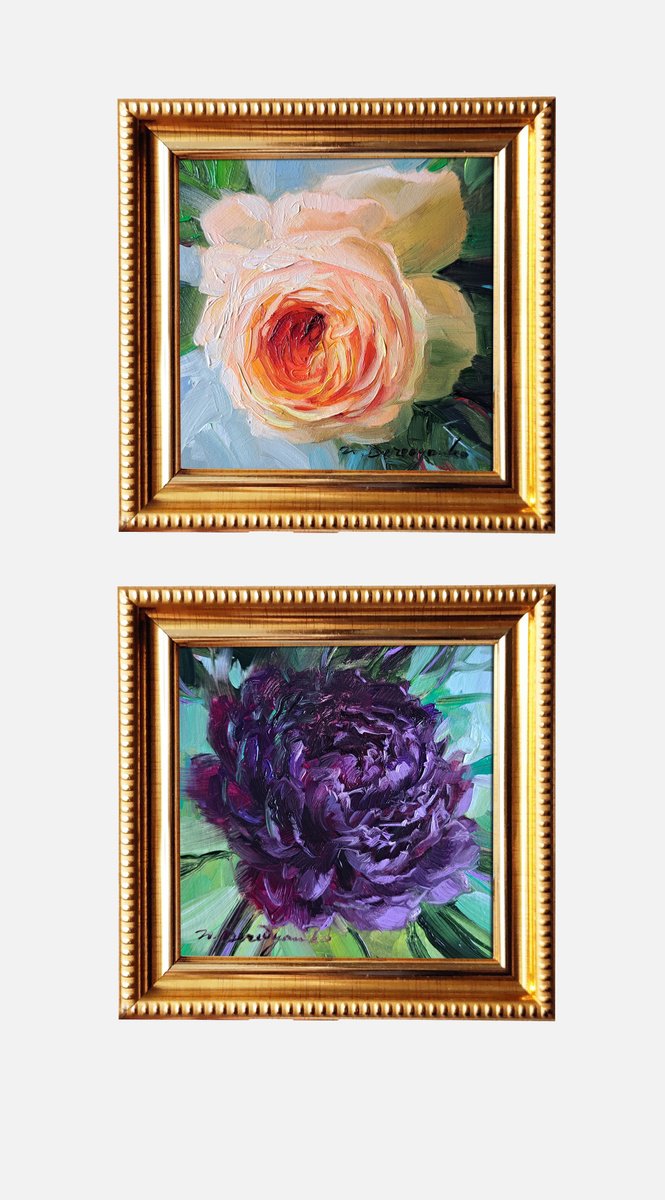 Impressionistic Botanical Oil Painting By Nataly Derevyanko, 5 X 5", He + She, Original Artwork