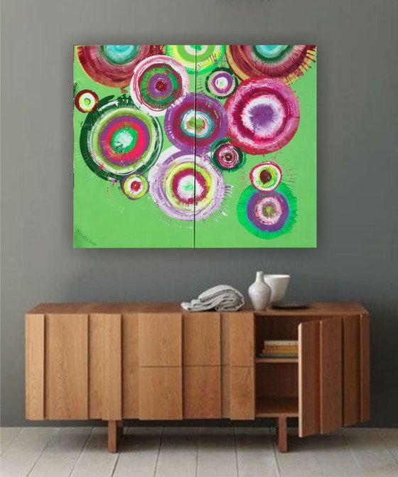 Green pink abstract paintings A103 100x120x2cm Large original abstract art circle palette knife acrylic on stretched canvas modern wall art