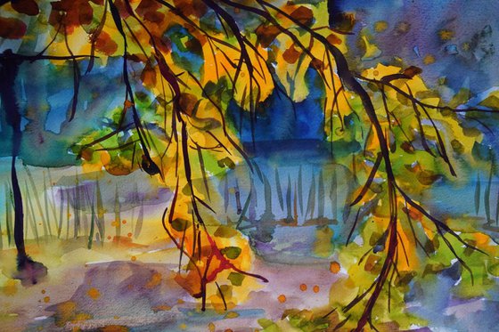 Big watercolor painting Autumn forest lake