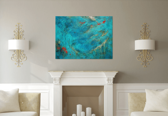 Blue Abstract Seascape Textured Painting Navy, Teal, Red, Silver, Gold. Modern Art with Heavy Texture. Abstract Landscape Contemporary Artwork for Livingroom or Bedroom