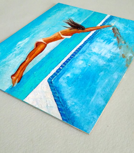 The moment, Pool Painting Original Art Women Figure Painting Swimming Wall Art Sport Artwork