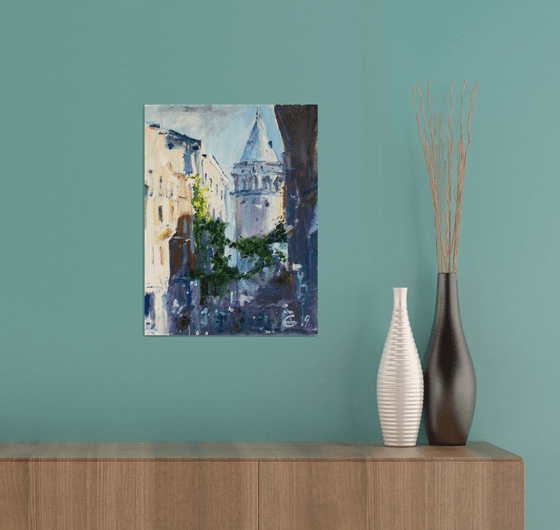 Galata tower. Original oil painting. Small city street scene impressionism impression architecture decor travel turkey urban