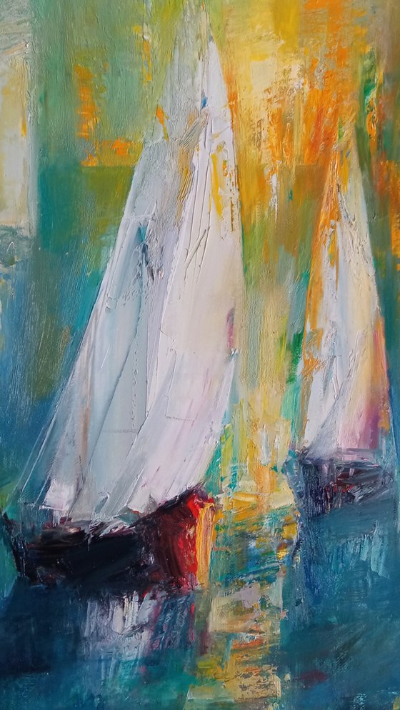 Boats (58x42cm, oil painting, ready to hang, impressionistic)