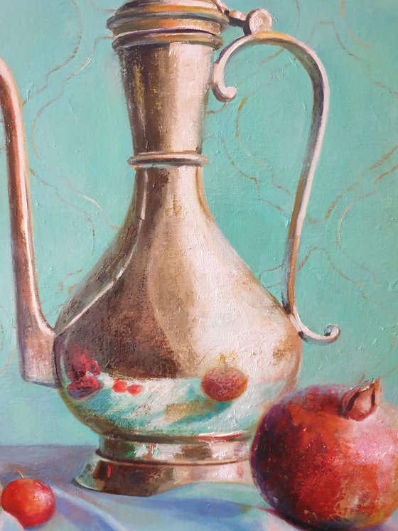 "A turquoise morning visiting Auntie Aishe."   still life pomegranate grape jug liGHt original painting PALETTE KNIFE  GIFT (2021)