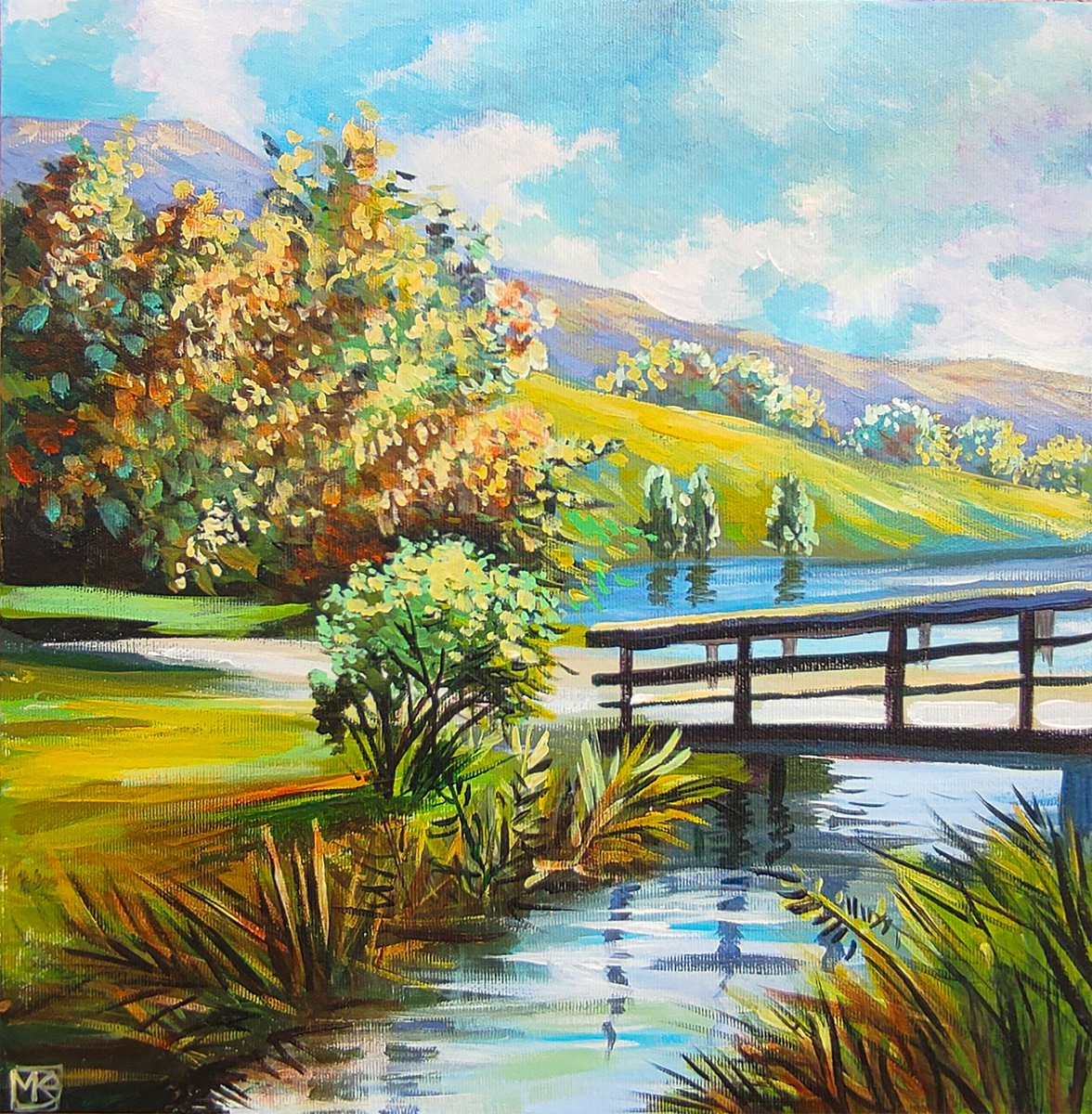 Impressionistic Landscape Acrylic Painting By Maria Kireev, 16 X 16", Small Bridge, Original Artwork