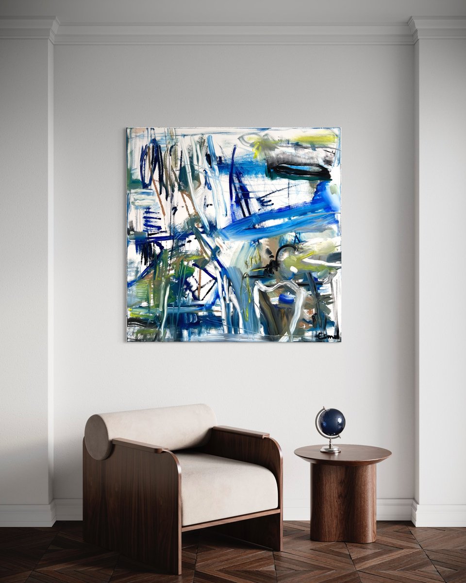 Expressive Abstract Oil Painting By Maria Esmar, 39 X 39", Hidden Behind Layers, Original Artwork