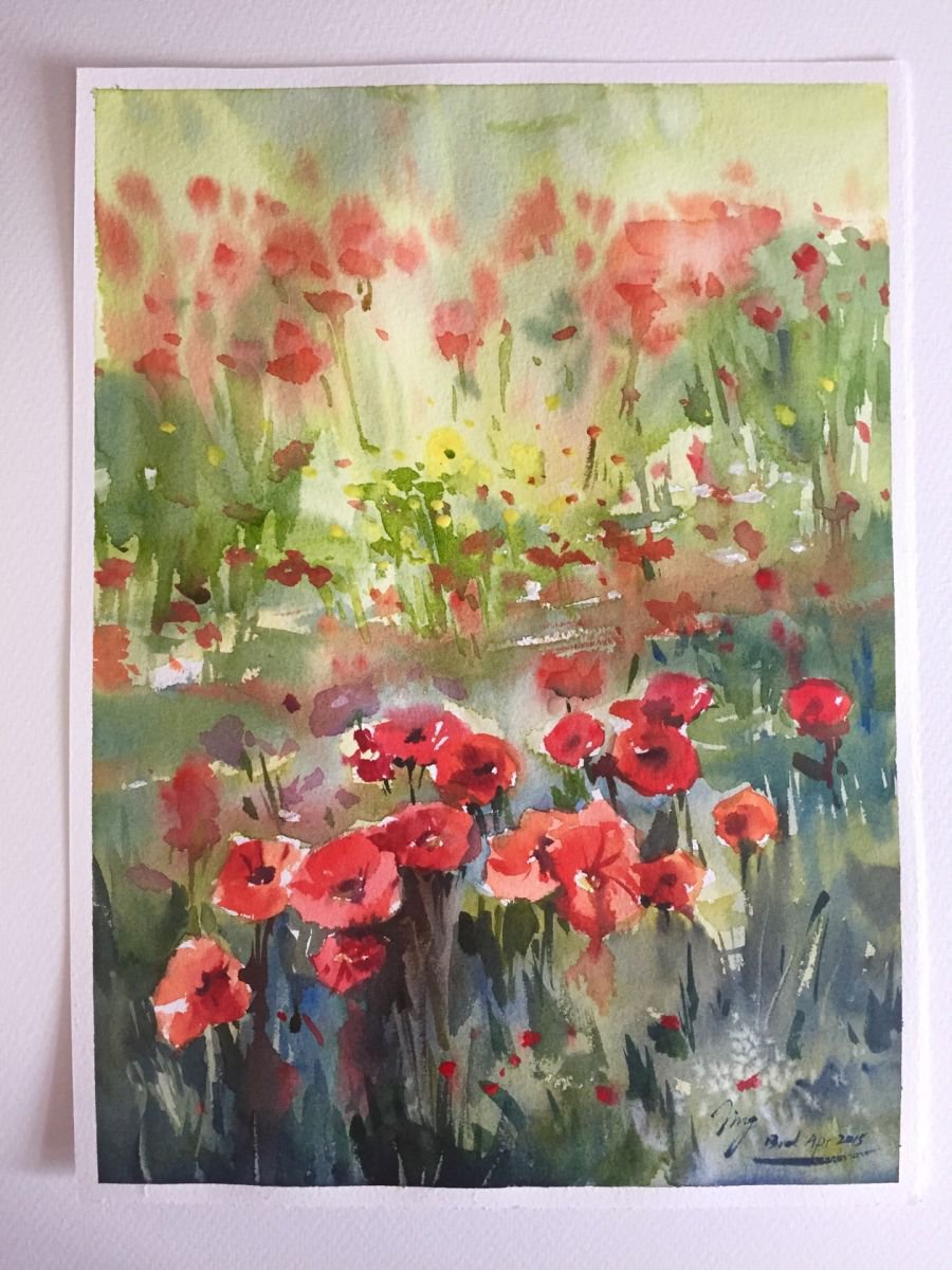 Impressionistic Botanical Watercolour By Jing Chen, 11 X 15, Poppies, Original Artwork