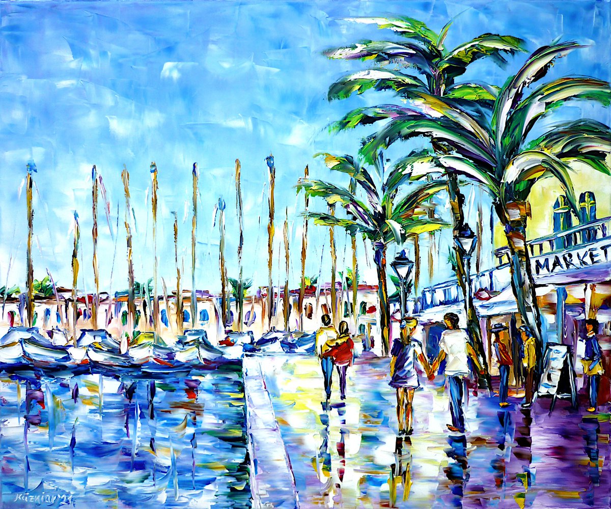 Expressive Cityscapes Oil Painting By Mirek Kuzniar, 24 X 20", Puerto De Mogan, Original Artwork