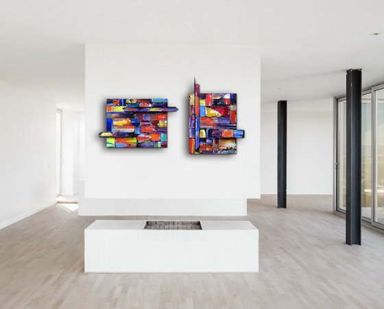 "Get In Shape" - FREE USA SHIPPING - Original Diptych PMS Mixed Media Sculptural Paintings On Wood, Framed -  45 x 26 inches