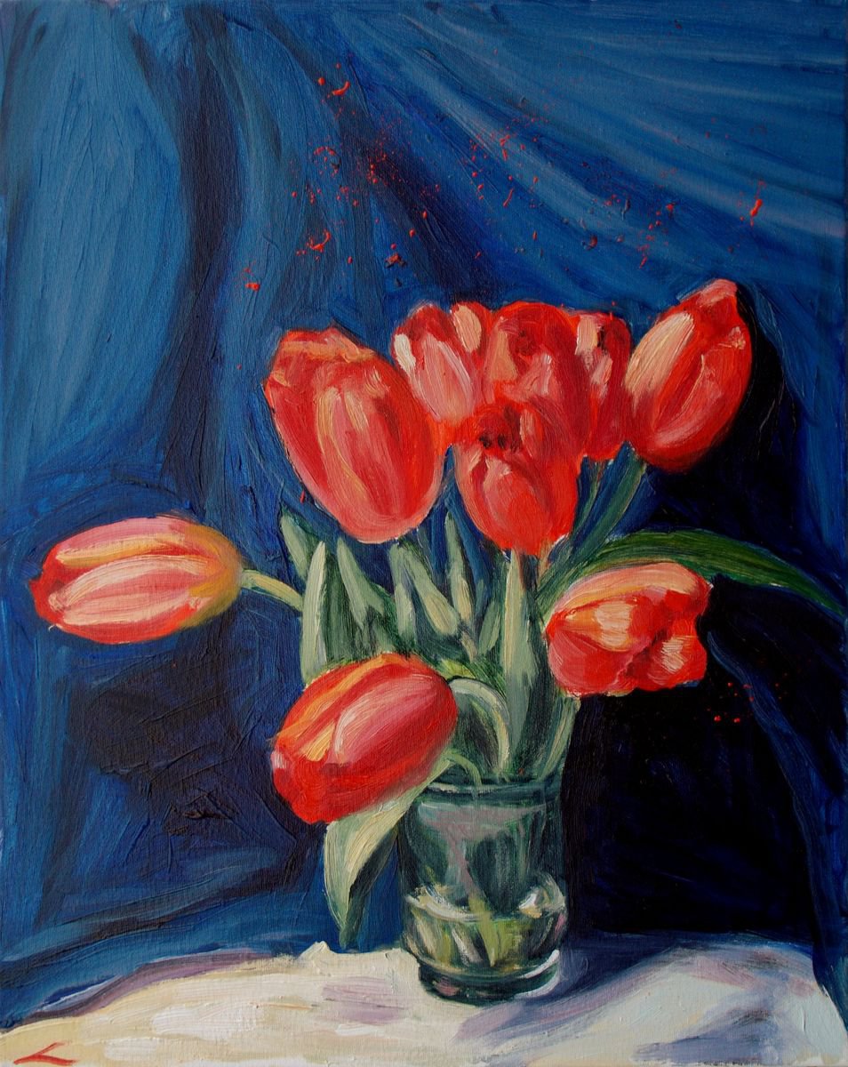 Impressionistic Botanical Oil Painting By Elena Sokolova, 16 X 20, Red Tulips, Original Artwork