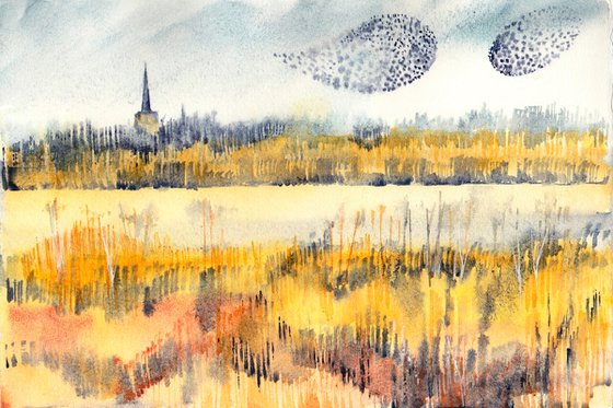 Starling murmuration, an original watercolour painting, landscape art