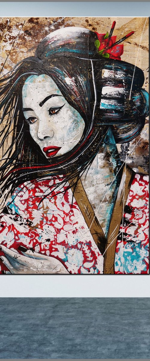 Cherry Pop Geisha 120cm x 150cm Geisha Abstract Realism Art by Franko