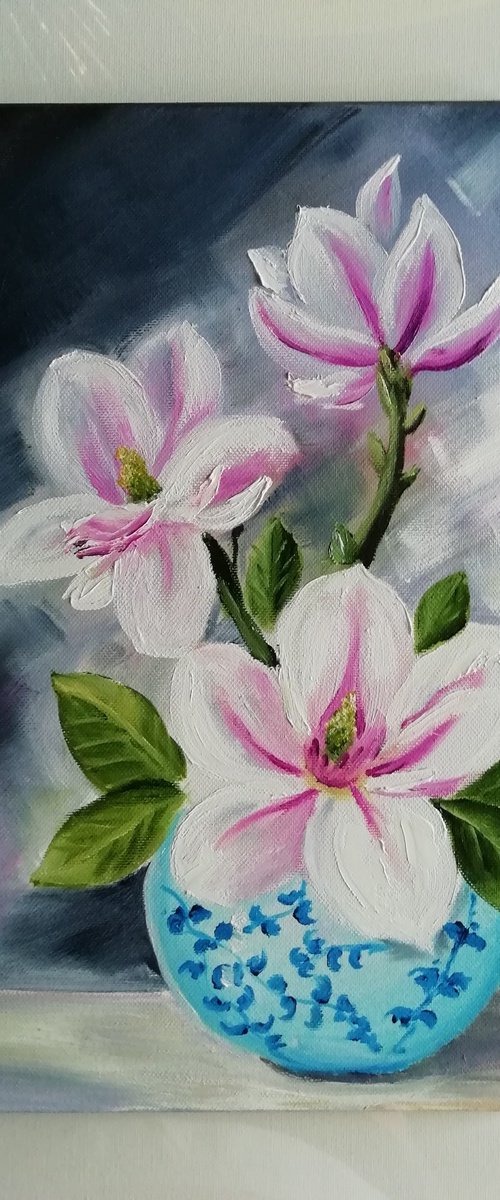 Magnolia in a vase, original flower oil painting, gift idea for her, wall decor for home by Nataliia Plakhotnyk