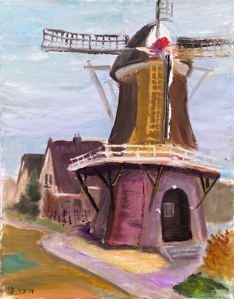 Impressionistic Landscape Oil Painting By Dmitry Fedorov, 16 X 20, De Bente Windmill In Dalen, Original Artwork