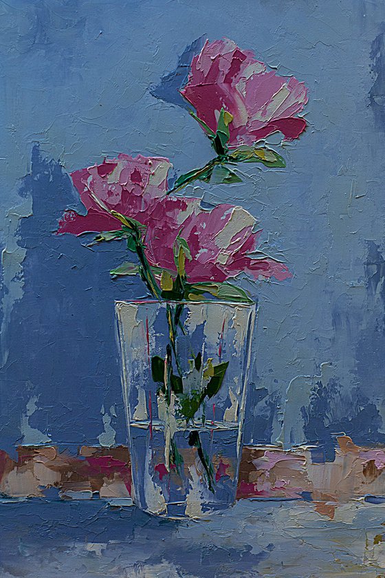 Roses in glass. Still life painting with roses