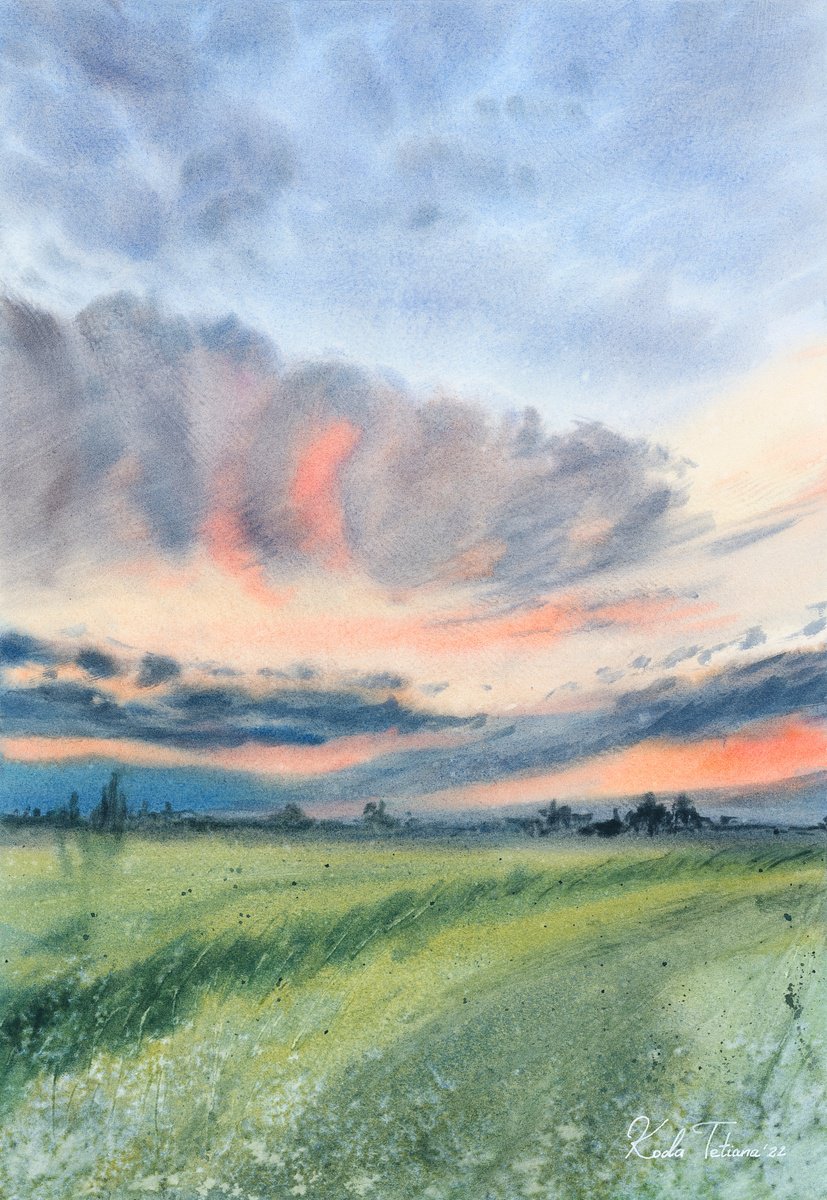 Impressionistic Landscape Watercolour By Tetiana Koda, 12 X 17", Morning Sky, Original Artwork