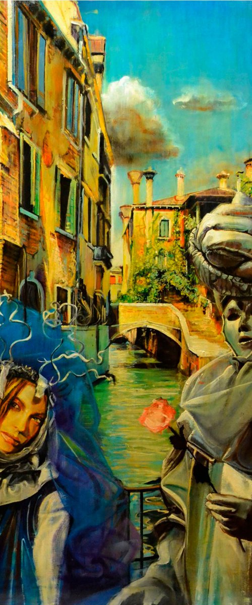 Venetian masks at the bridge. by Marco  Ortolan