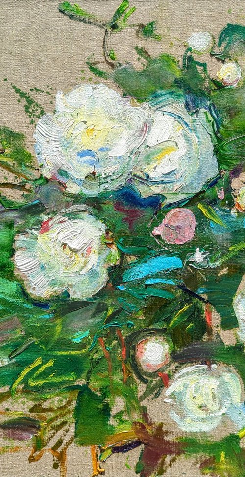 White Peonies . 65 x 80 cm. Large painting "A la prima" on linen canvas. Original oil painting by Helen Shukina