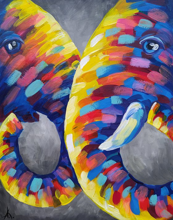 Embrace - elephants, mother, acrylic, elephant, mother's love, Africa, love, animals, gift for mother, acrylic painting, Impressionism, gift.