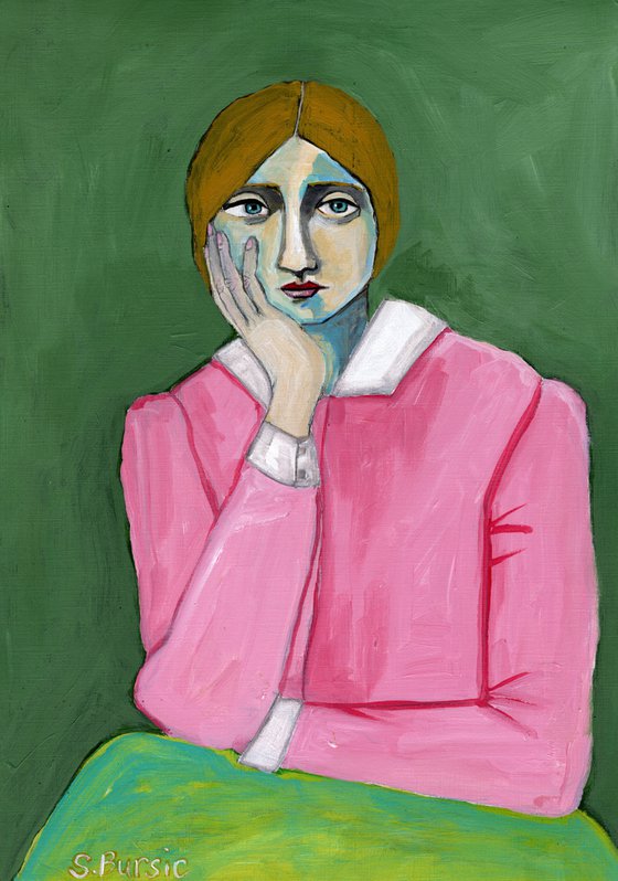 Vintage Lady in Pink Portrait Figurative Naive Impressionist