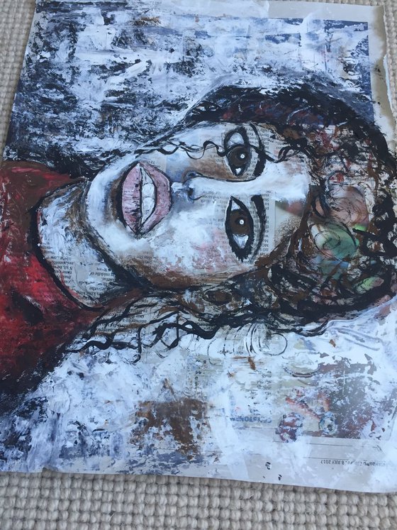 Girl in Red Art on Newspaper Face Art Woman Portrait Sexy Look 37x29cm Gift Ideas Original Art Modern Art Contemporary Painting Abstract Art For Sale Free Shipping