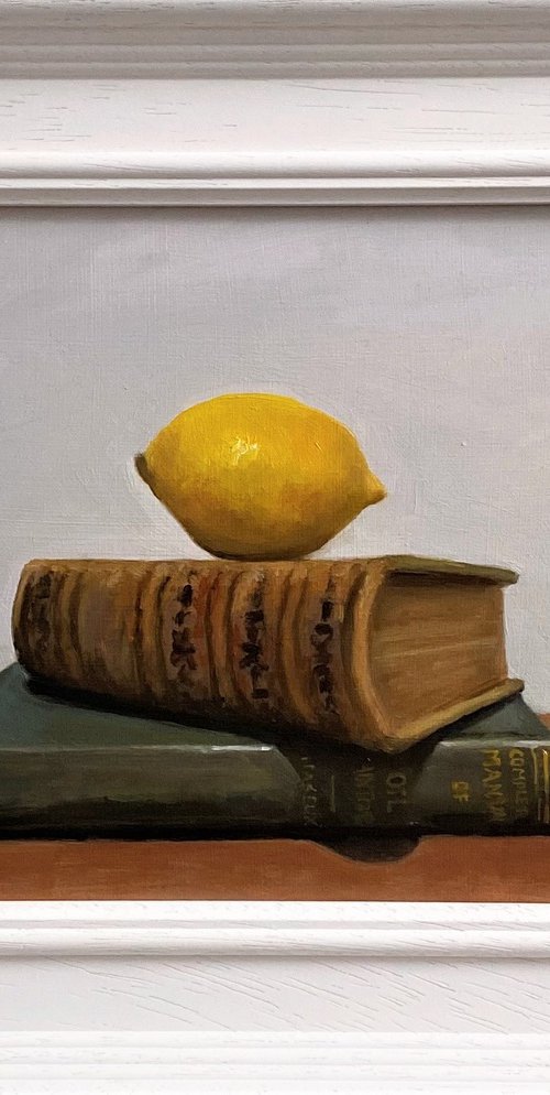 Lemon & Books Still Life; Framed & ready to hang home decor gift oil painting. by Jackie Smith