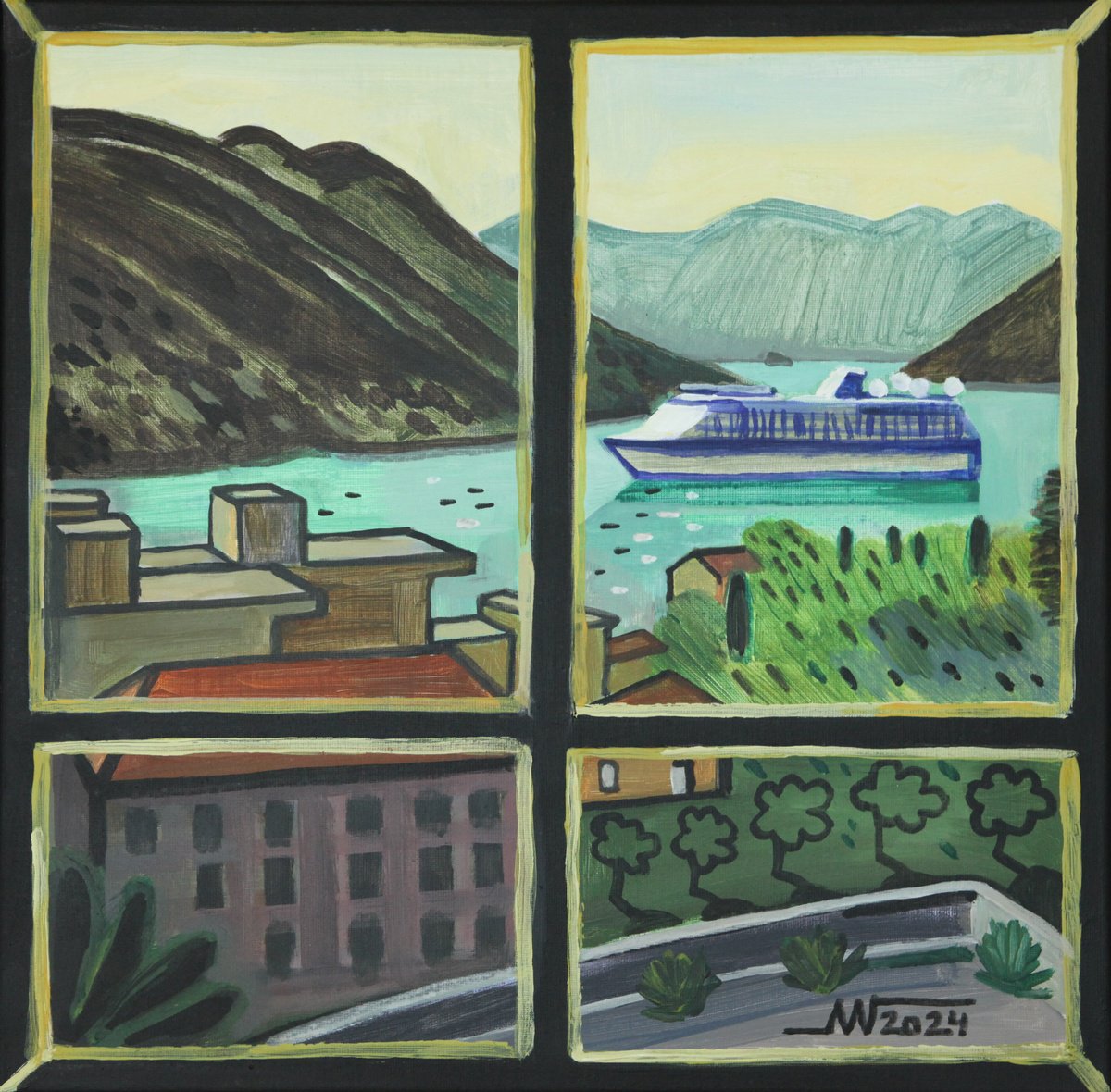 Landscape Acrylic Painting By Marina Gorkaeva, 16 X 16", Window, Original Artwork