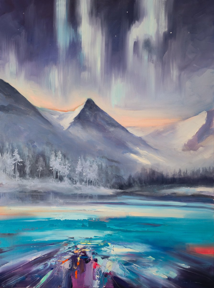 Impressionistic Landscape Oil Painting By Artem Grunyka, 30 X 40, Northern Lights.aurora, Original Artwork