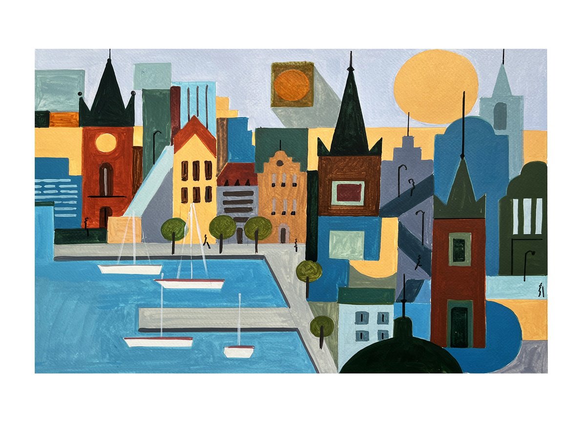 Urban And Pop Cityscapes Acrylic Painting By Andre Baldet, 17 X 13, Stockholm-03, Original Artwork