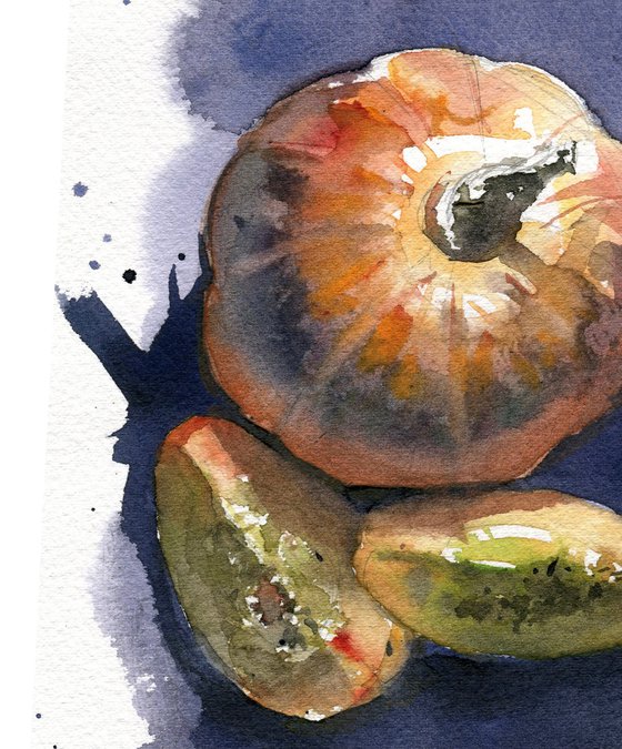 Pumpkin etude 1, 18,5x28, watercolor, orange, yellow, blue, stillife, pumpkin