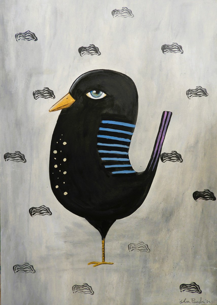 Illustrative Animal Oil Painting By Silvia Beneforti, 12 X 17", The Freaky Black Bird, Original Artwork