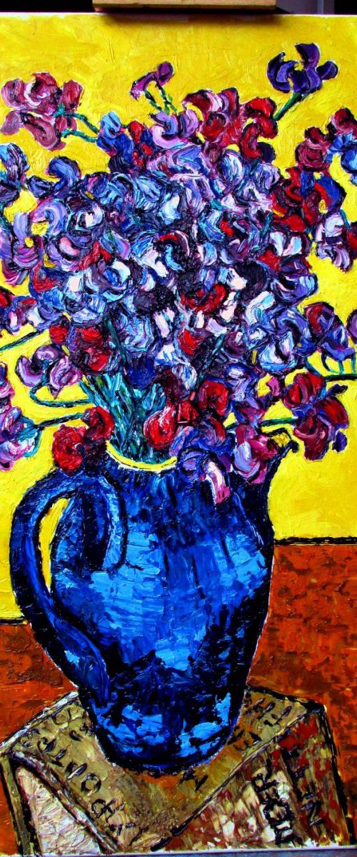 Sweetpeas in a blue coffee pot by Richard Meyer