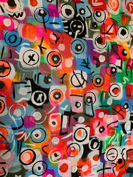 51''x 69''(130 x 175 cm), Life in Colors 38, blue, pink, cream, green black, neon huge pop art bright colors canvas art  - xxxl art - abstract art painting- extra large art