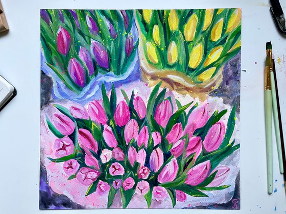 Tulips Original Gouache Painting, Flower Watercolor Art, Bouquet Artwork, Cottagecore Aesthetic