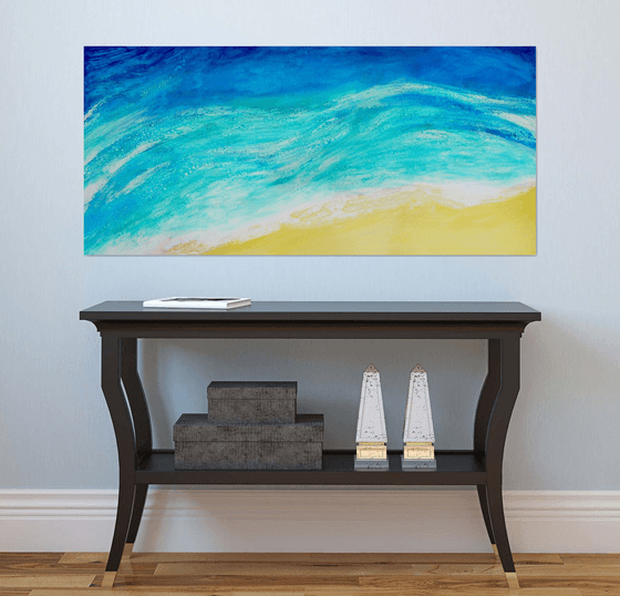 Whispering Waves  (Ready to hang - Large painting in turquoise and blues, water, seaside, waves)