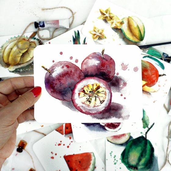 Exotic Fruits - Original Watercolor Painting Collection of 9 Mini Artworks