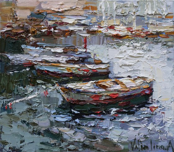 Rowing boats in the bay - Original oil painting