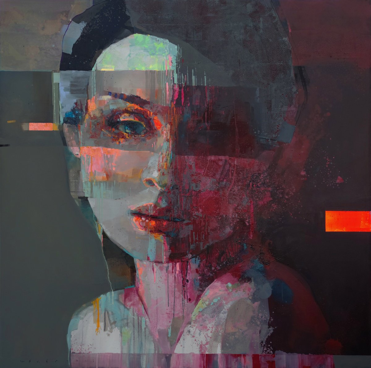 Expressive Portrait Oil Painting By Victor Sheleg, 59 X 59", Cherry, Original Artwork