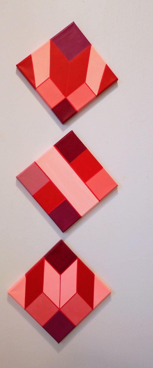 Red spectrum geometric color study triptych by Jessica Moritz