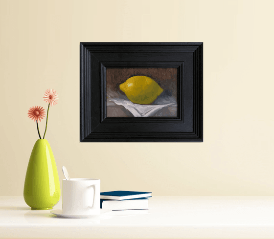 Lemon Still Life original oil realism painting, with wooden frame.