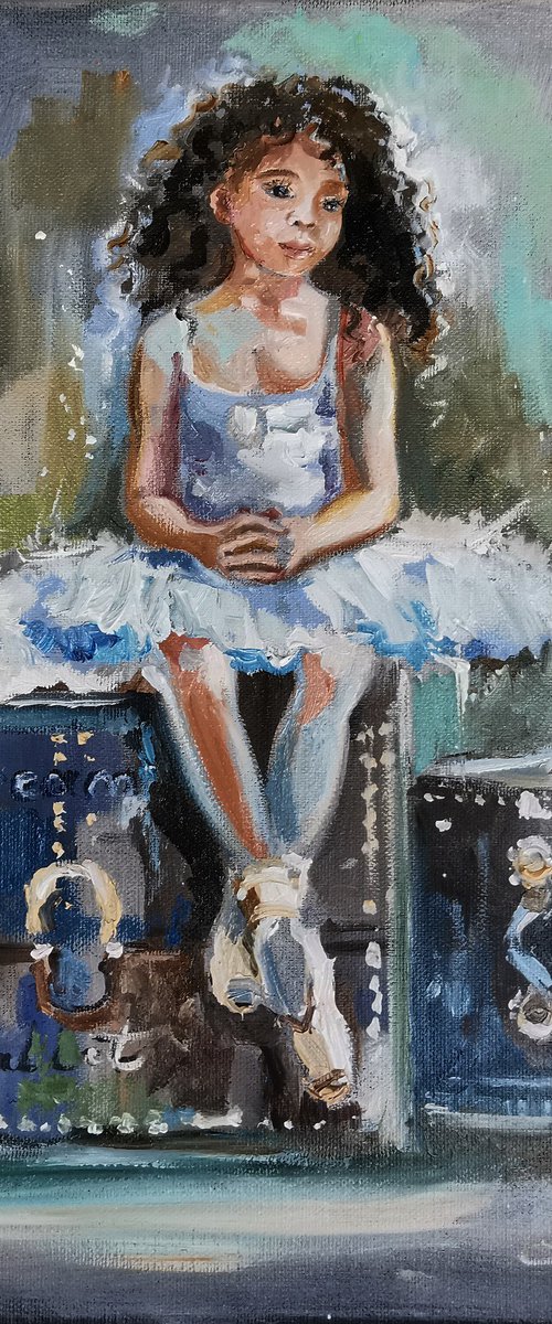 African american painting. Ballerina with a white kitten by Annet Loginova