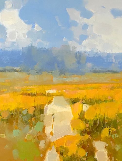 Field of Yellow Flowers, Landscape oil painting, One of a kind, Signed, Handmade artwork by Vahe Yeremyan