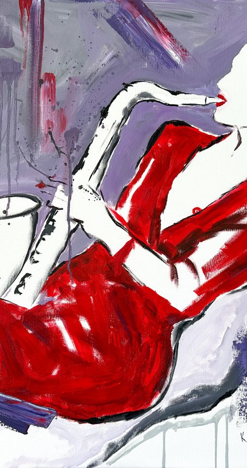 The Saxophonist in Scarlet by Kristina Mallen